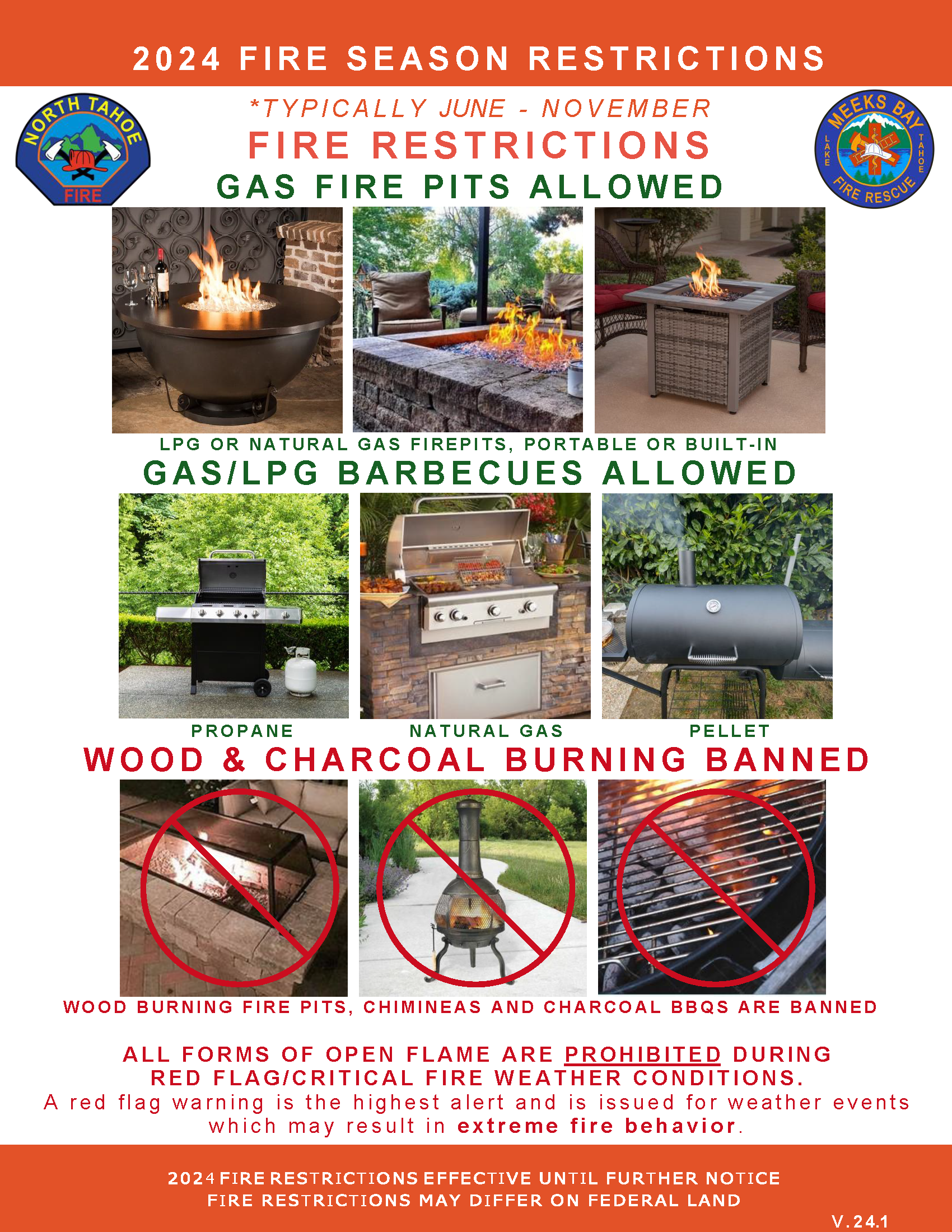 An image of the outdoor wood, gas and charcoal devices and barbcues that are permitted for use during the winter months in Lake Tahoe.
